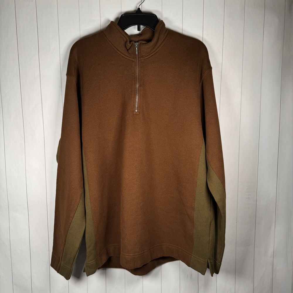 Route 66 1/4 Zip Cotton Blend Fleece Jacket Brown/Green Outdoor Travel Casual L